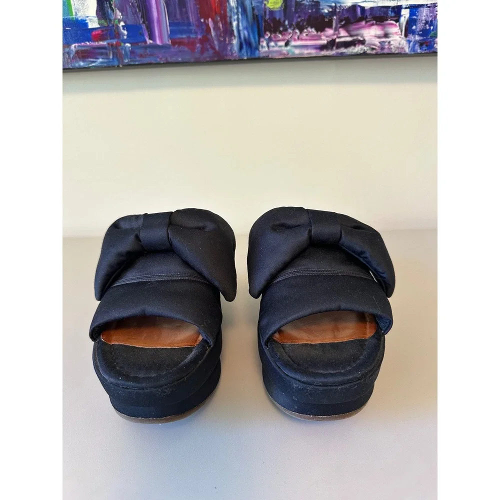 Chie Mihara Black Satin Bow Platform Slides | Size 36